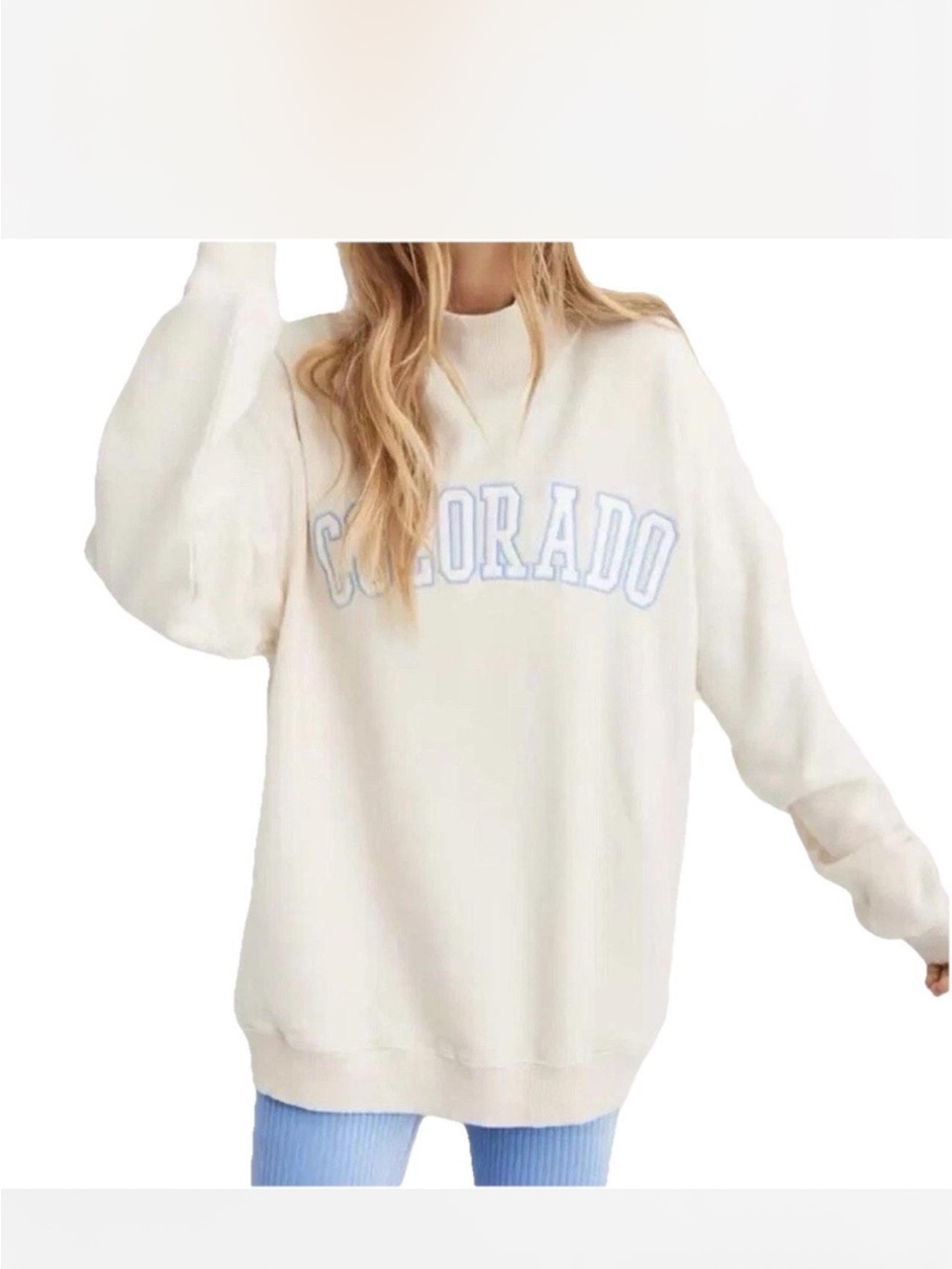 aerie Cream "Colorado" Pullover Mockneck Sweatshirt with Light Blue Lettering